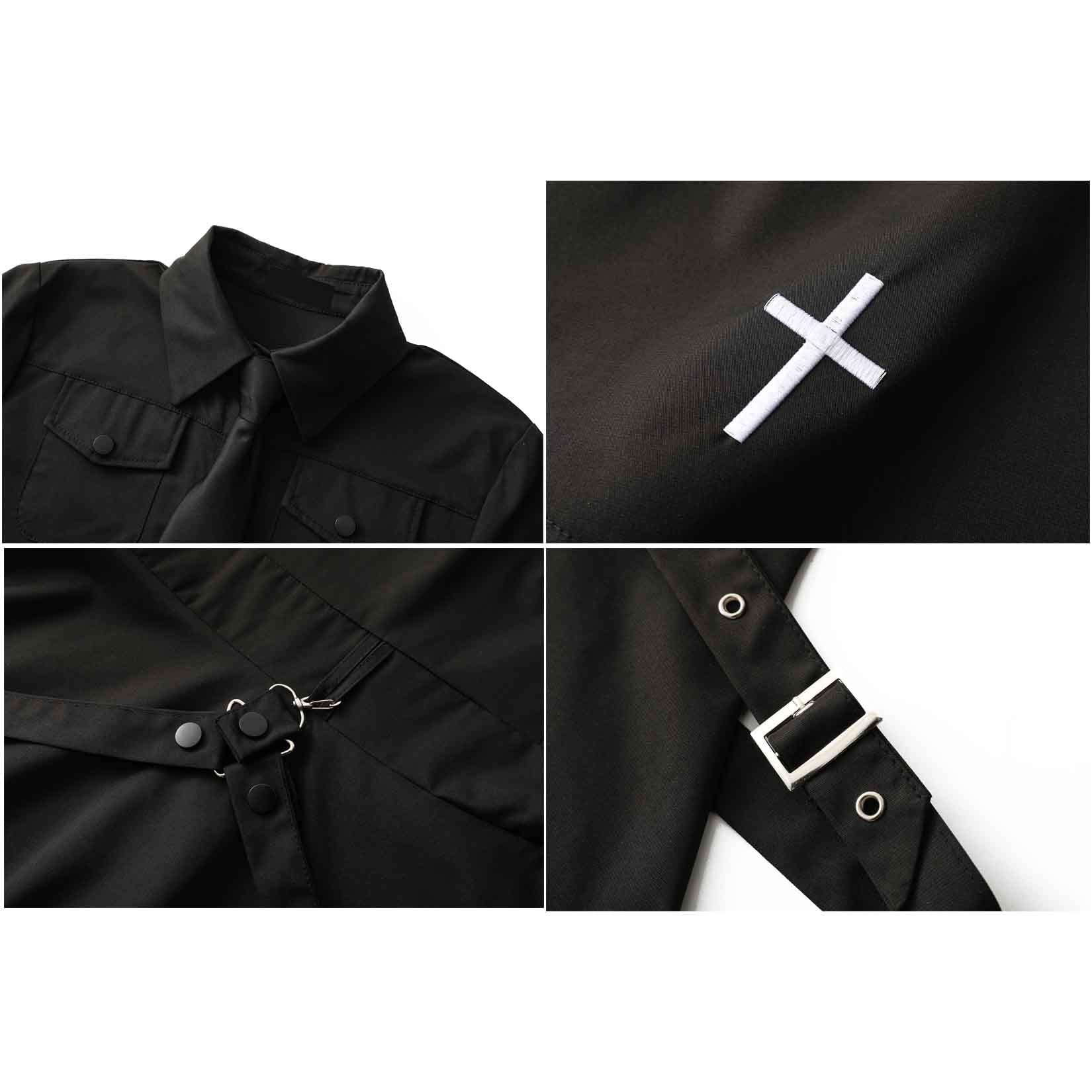 Gothic Black Summer Academy Tie Cross Black Retro Dress Harajuku Dress Emo Clothes (L,Large)