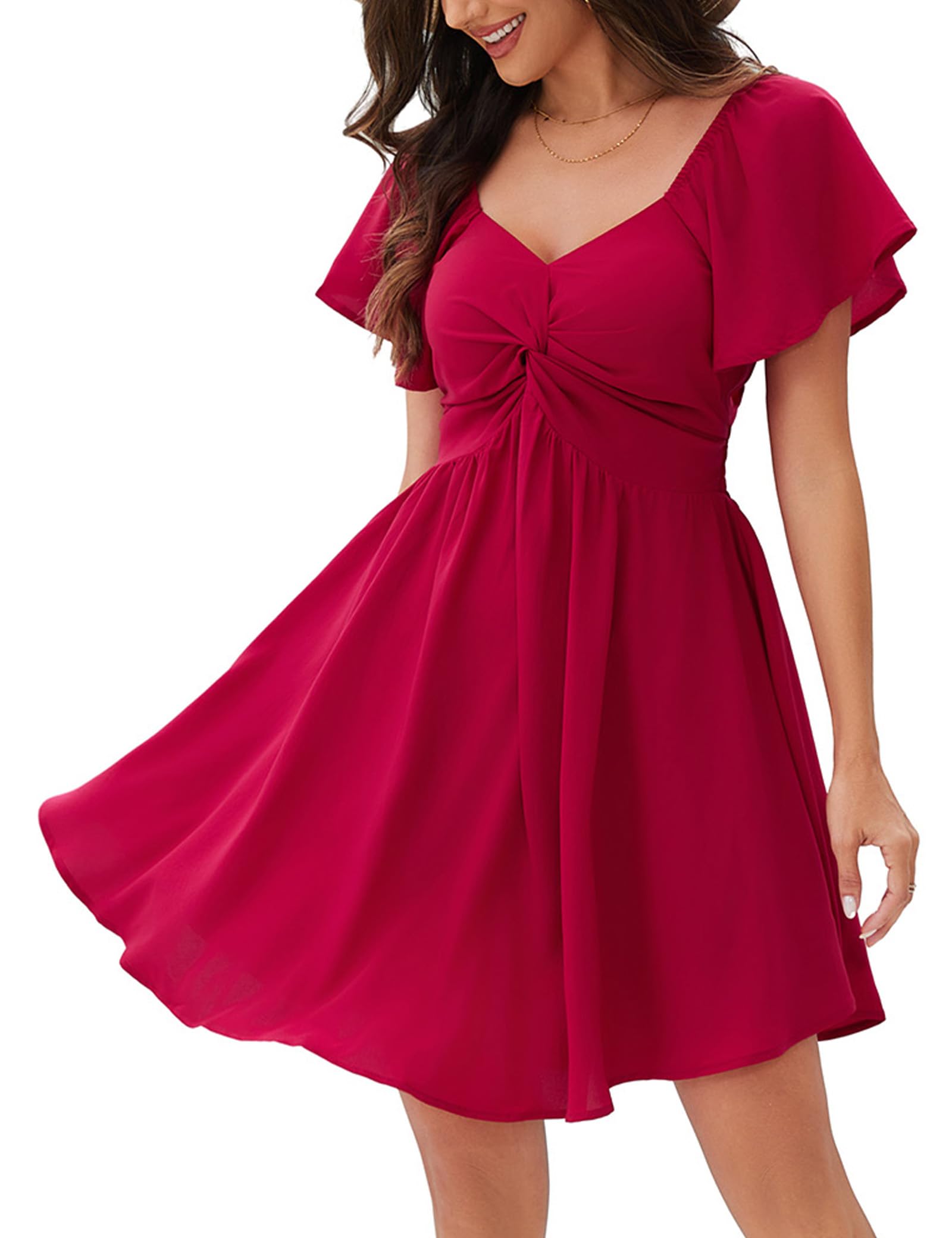 Florboom Women's Summer Square Neck Flowy Mini Dress Chiffon Short Sleeve Swing Sexy Backless Dresses (Red, S)