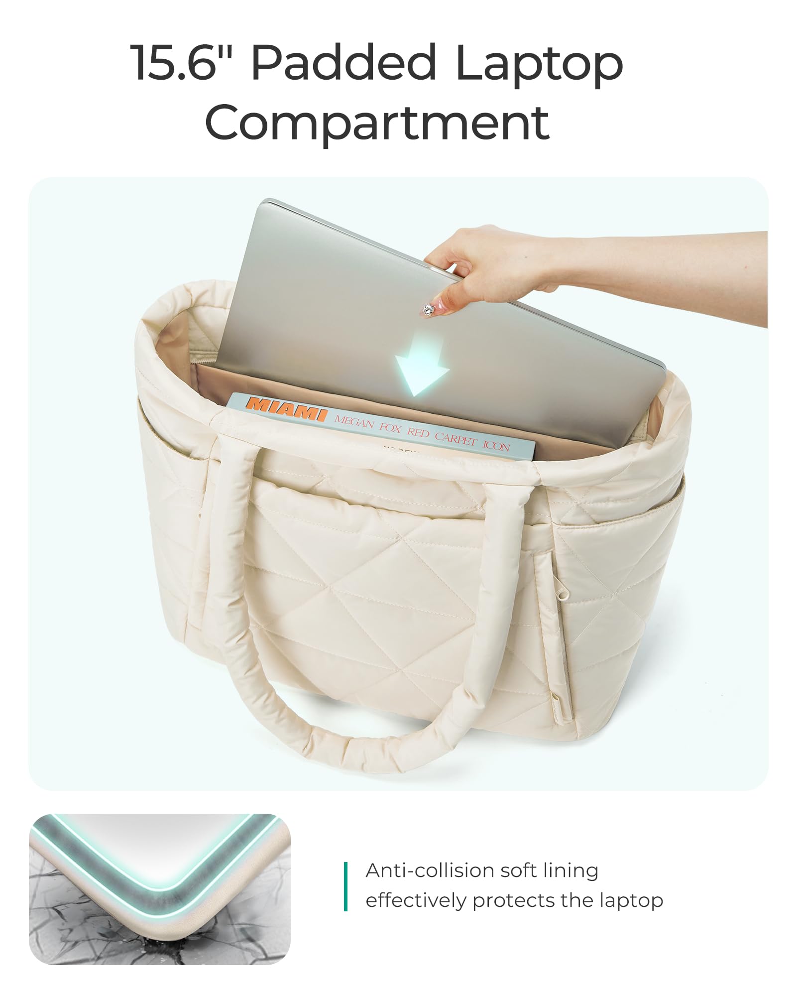 BAGSMART Tote Bag for Women, Puffy Tote Bag with Zipper, Large Quilted Shoulder Bag with Compartments for Travel, Work, Gym (Beige)