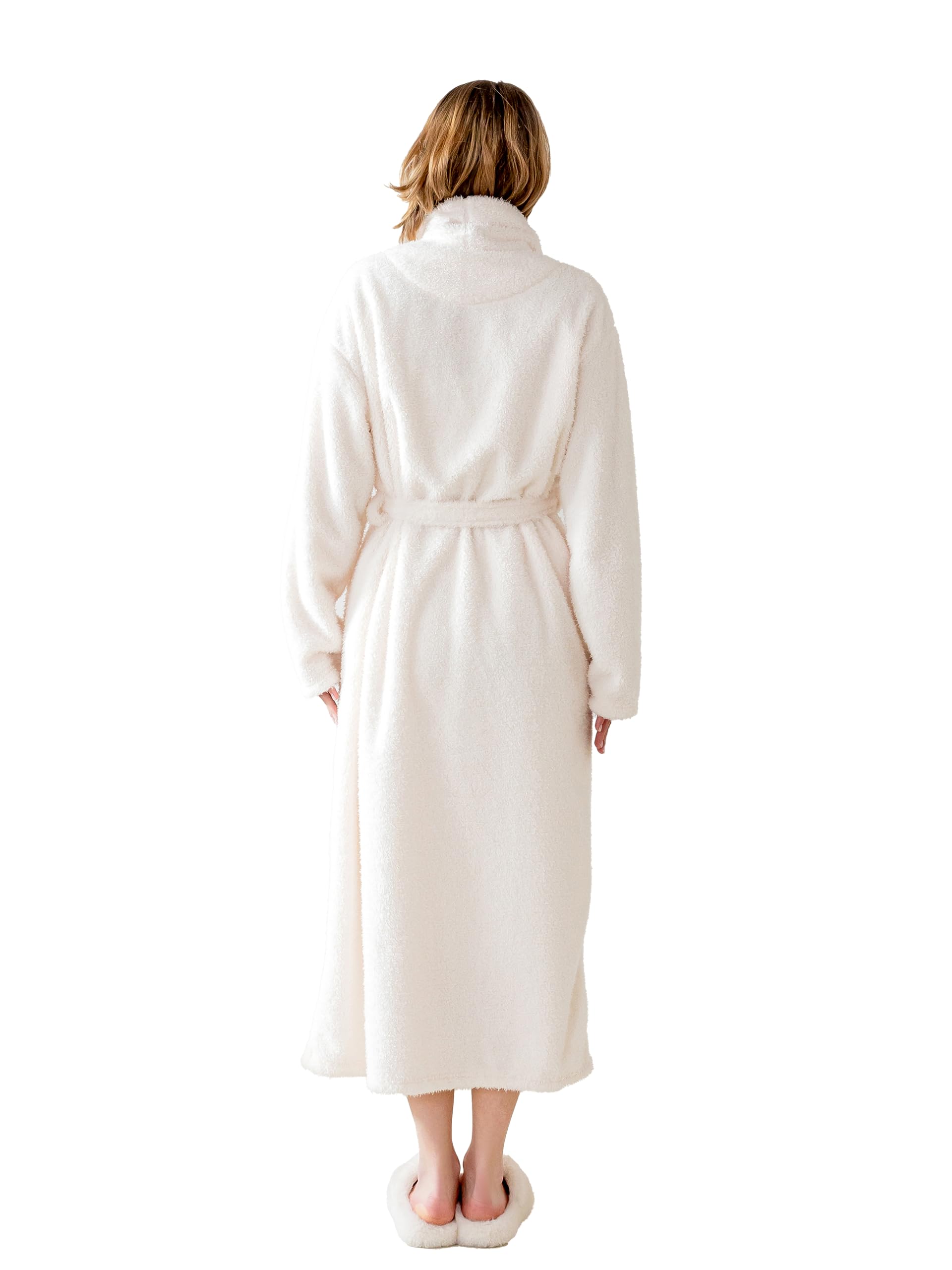 KORBLISS Robes for Women – Premium Plush Fleece Long Bathrobe for Women with Shawl Collar, Soft Warm Womens Robe with Pockets and Belt, White, Large