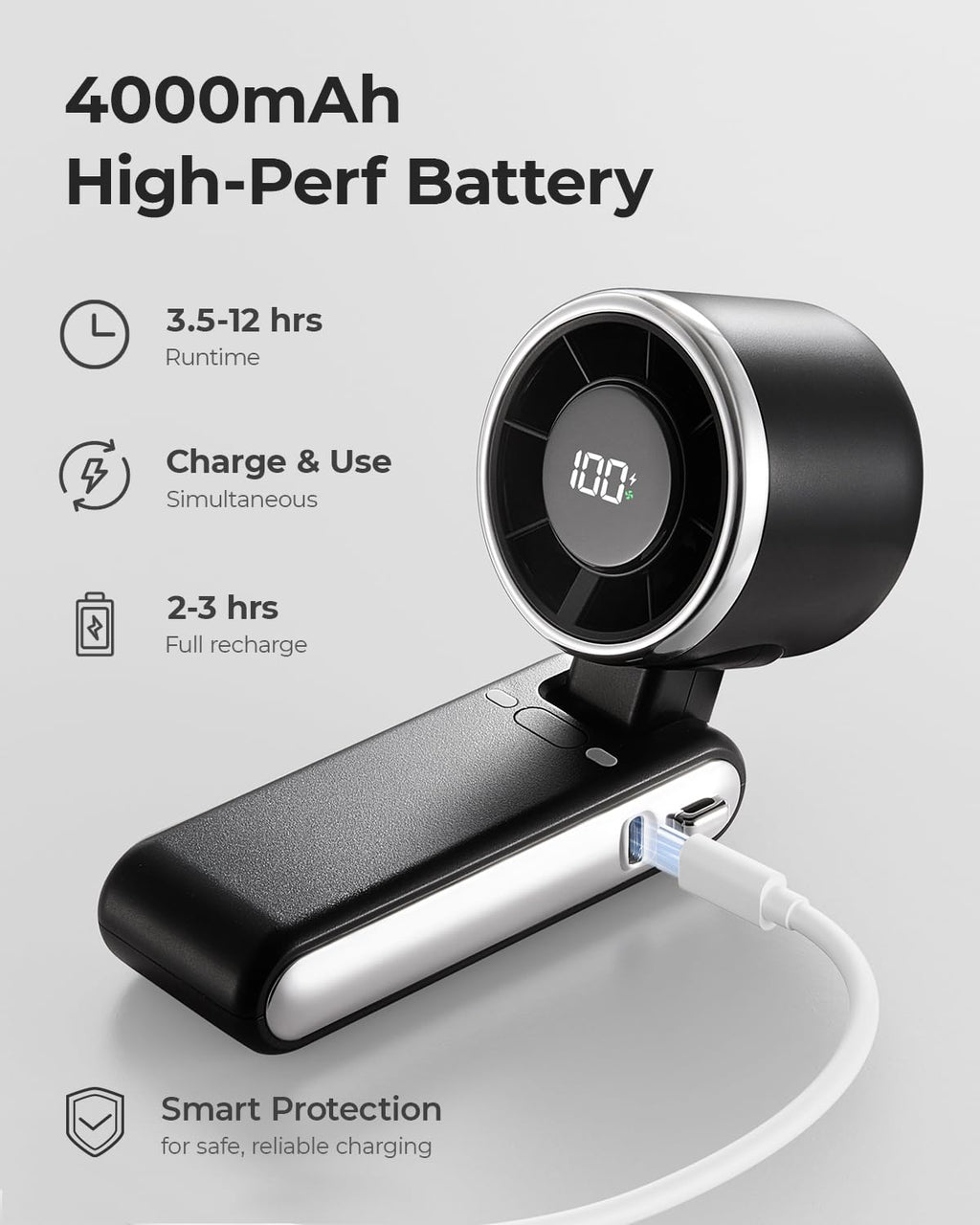 Bearwind Portable Handheld Turbo Fan - 5 Gear High Speed 4000mAh Rechargeable Mini Personal Hand Fan Blow Cold Air, Battery Operated Travel Essentials, Beach Vacation, Gifts for Women, Men (Black)