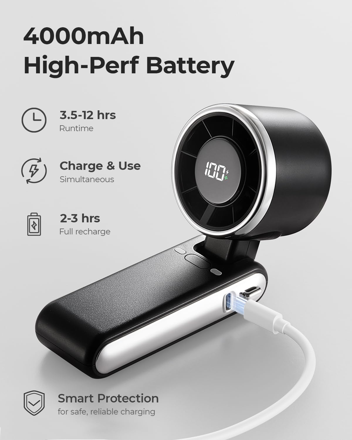 Bearwind Portable Handheld Turbo Fan - 5 Gear High Speed 4000mAh Rechargeable Mini Personal Hand Fan Blow Cold Air, Battery Operated Travel Essentials, Beach Vacation, Gifts for Women, Men (Black)