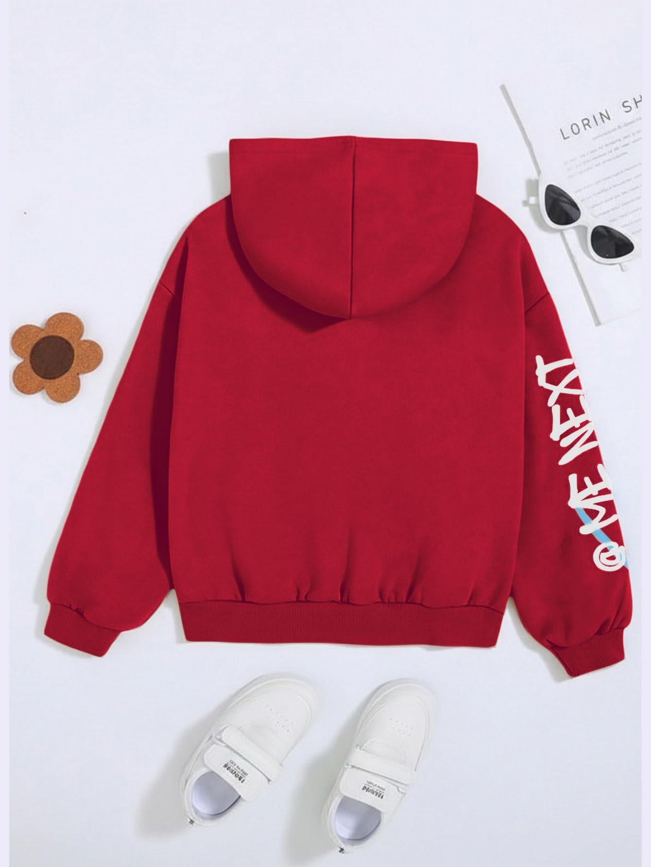 WDIRARA Girl's Cartoon Letter Graphic Hoodie Drop Shoulder Long Sleeve Pullover Sweatshirt Red 13Y