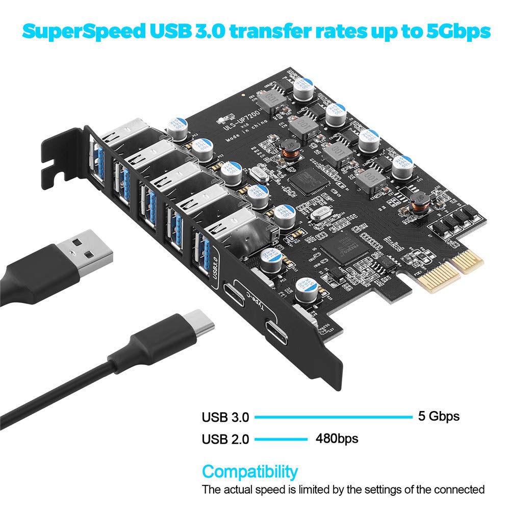 YEELIYA PCIE USB 3.0 Expansion Card 7 Ports (5X Type-A and 2 USB C) PCIe Card Super Speed PCI Express USB3 Hub Controller Adapter for Windows 11/10/8/7/XP and MAC OS/Linux