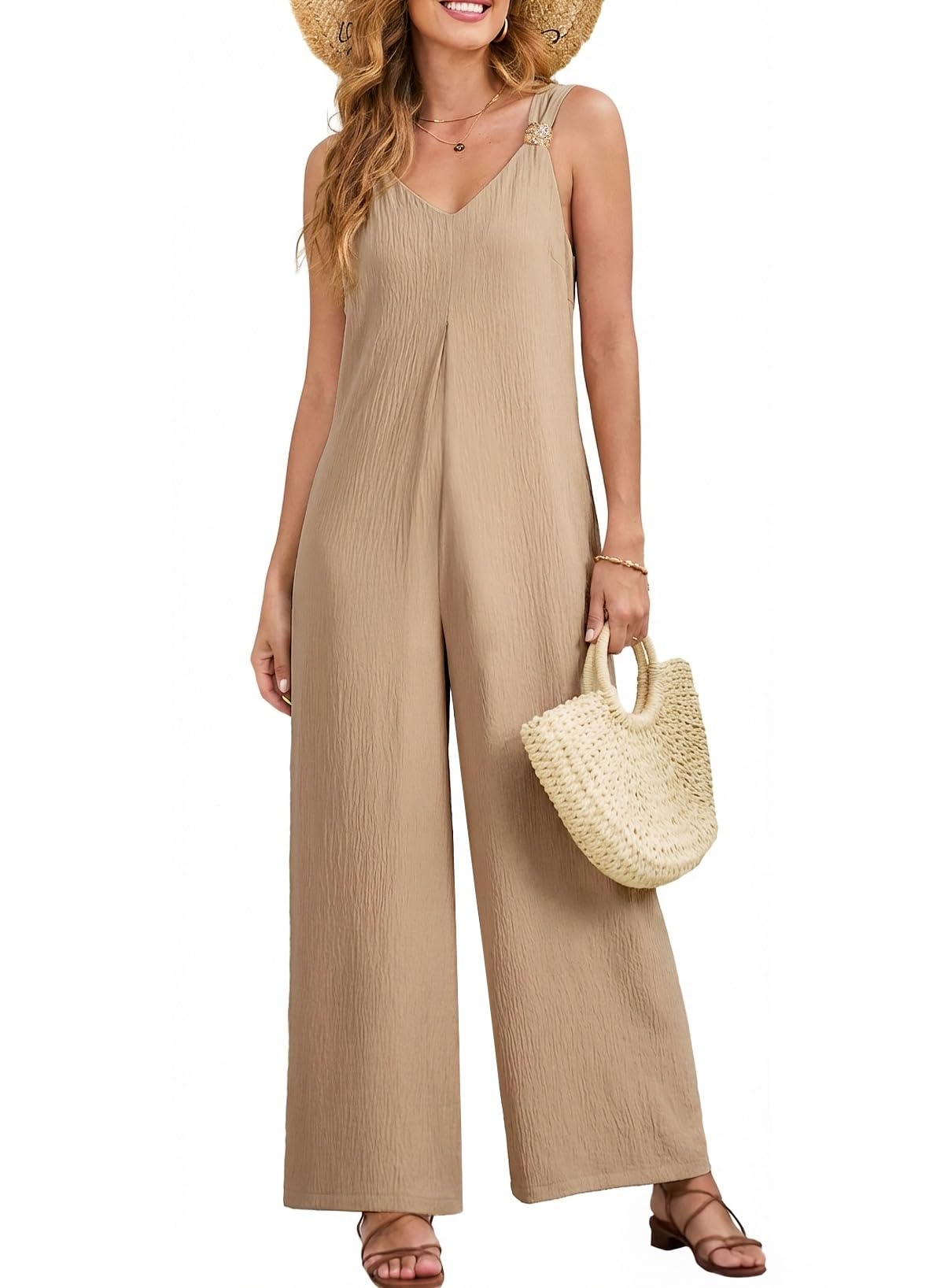 Acelitt Women's Casual 2026 One Piece Jumpsuits Dressy Fashion Spring V Neck Sleeveless Loose Wide Leg Long Pant Rompers Outfits Beige Large