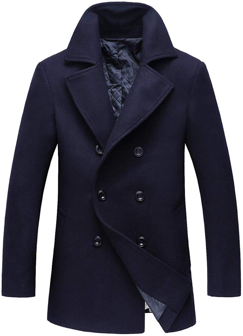 chouyatou Men's Classic Notched Collar Double Breasted Wool Blend Pea Coat (Medium, Dark Blue)