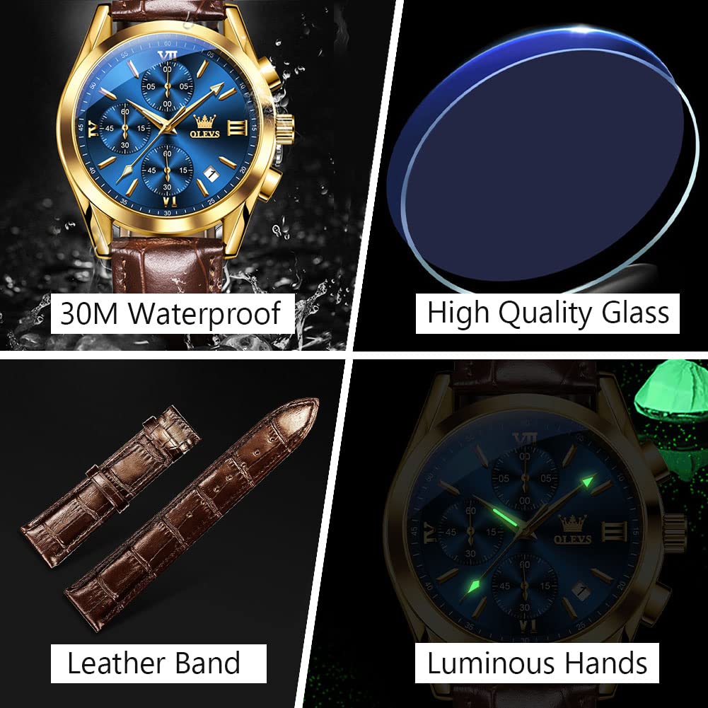 OLEVS Brown Leather Watch for Men Stainless Steel Large Face Quartz Wrist Watches Roman Number Luxury Mens Water Resistant Chronograph Watch Calendar Display Classic Blue Men's Cuff Watches Easy Wear