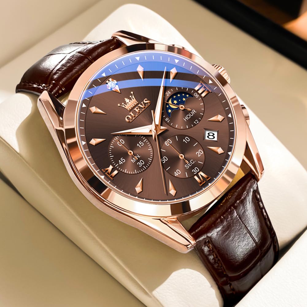 OLEVS Brown Watches for Men Classic Multifunction Chronograph Mens Watches Moon Phase Luminous Waterproof Dress Men's Wrist Watch Luxury Analog Quartz Date Relojes para Hombres