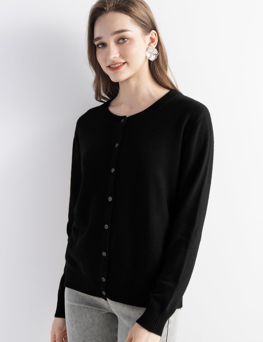 Chanyarn Women's 100% Pure Cashmere Cardigan Crew Neck Long Sleeve 2025 Fall Winter Warm Soft Knit Cardigan Sweater (Black,M)