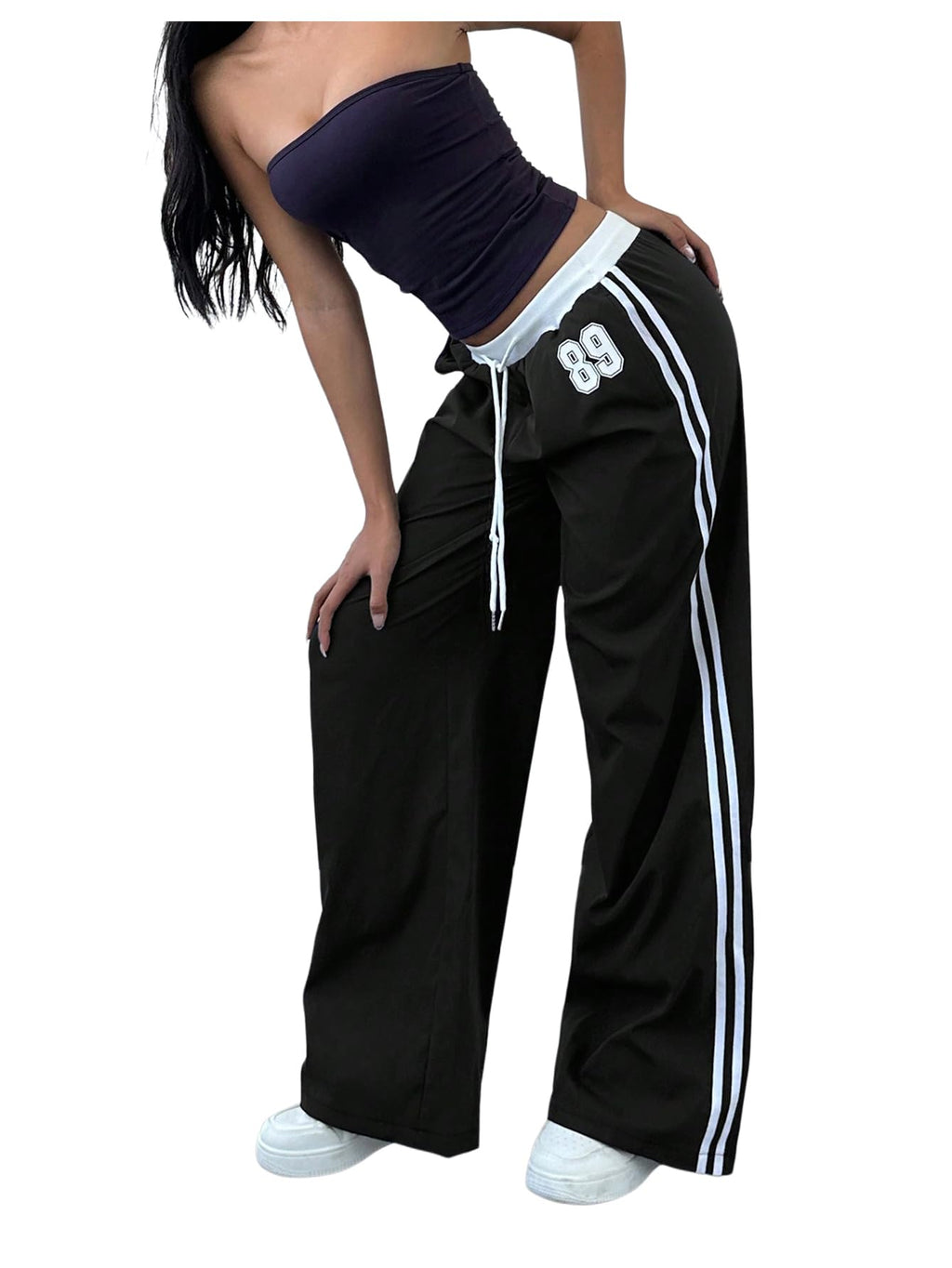WDIRARA Women's Wide Leg Baggy Sweatpants Side Striped Number Graphic Track Pants with Pockets Black Large