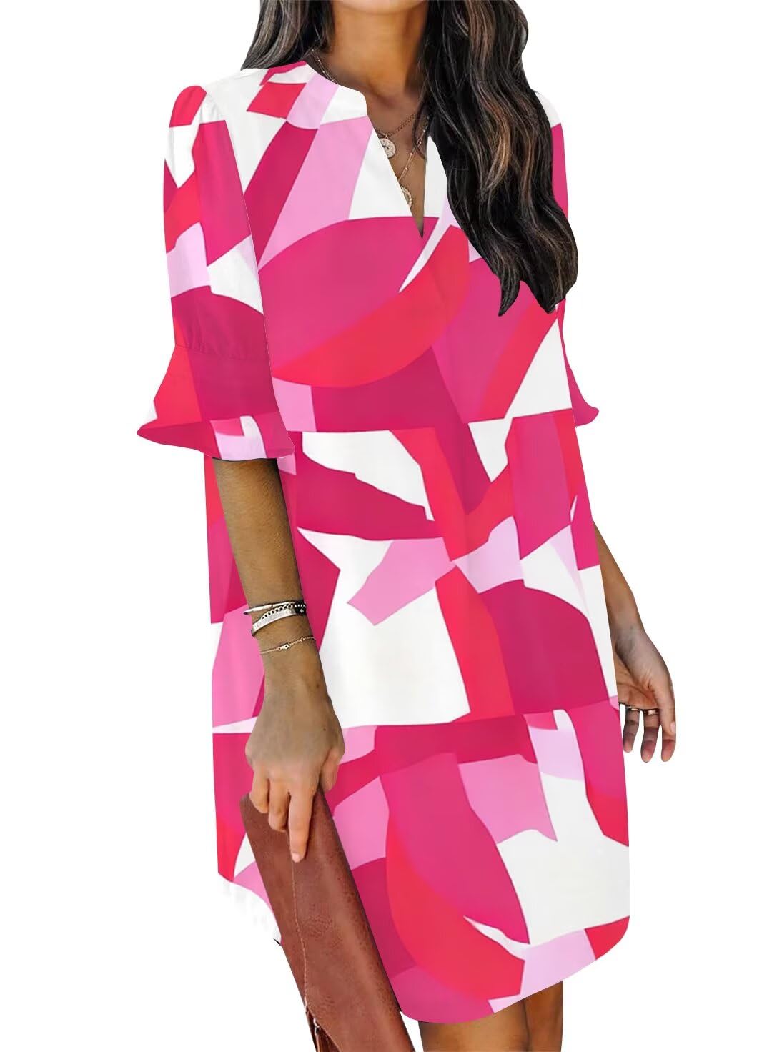 QACOHU Women's Ruffle Dresses Short Sleeve V-Neck Straight Casual Boho Elegant Simple Tunic Dress Pink White Block L