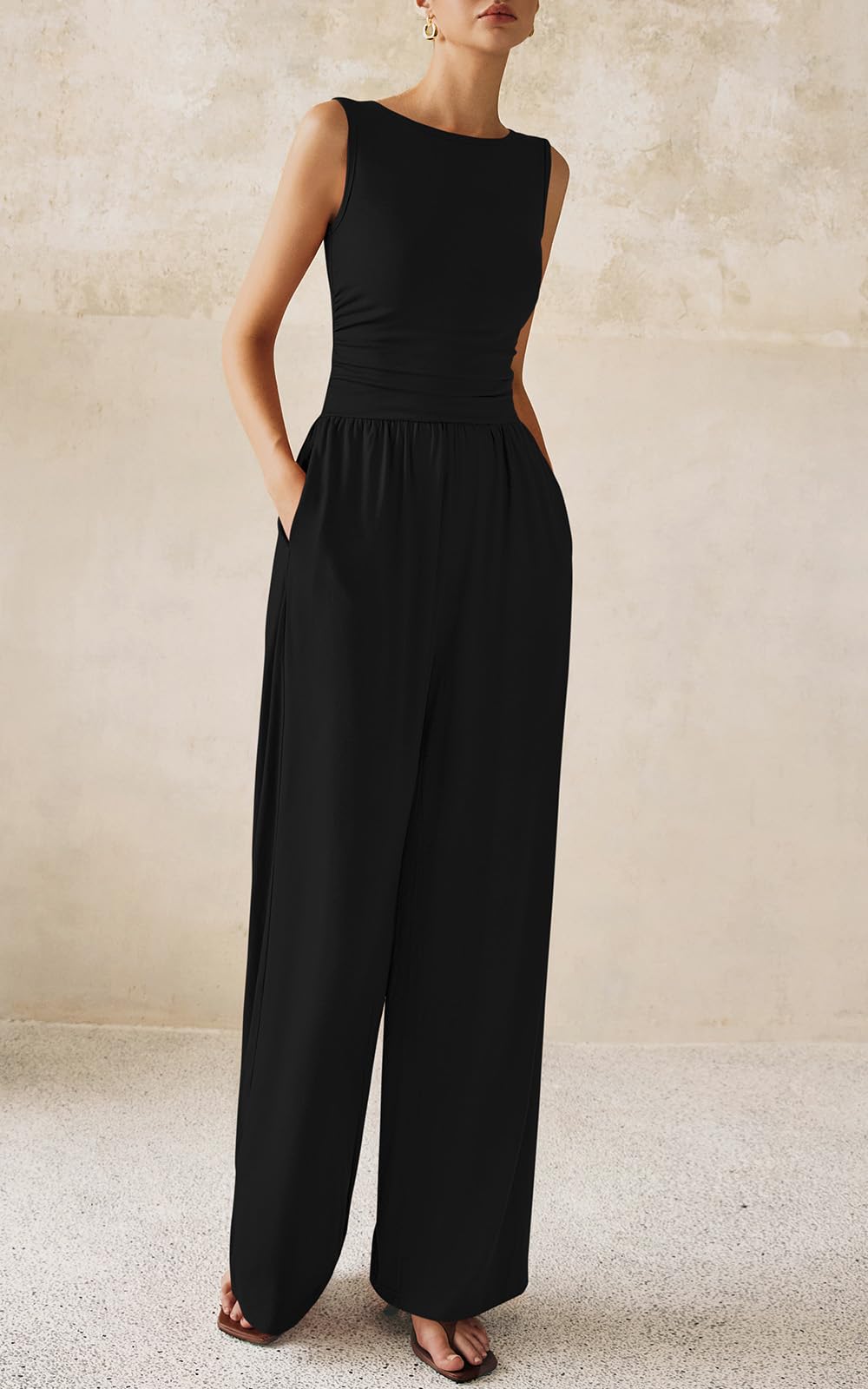PRETTYGARDEN One Piece Jumpsuits for Women Dressy Casual Sleeveless Crewneck Wide Leg Rompers Jumpers 2026 Vacation Summer Outfits(Black, M)