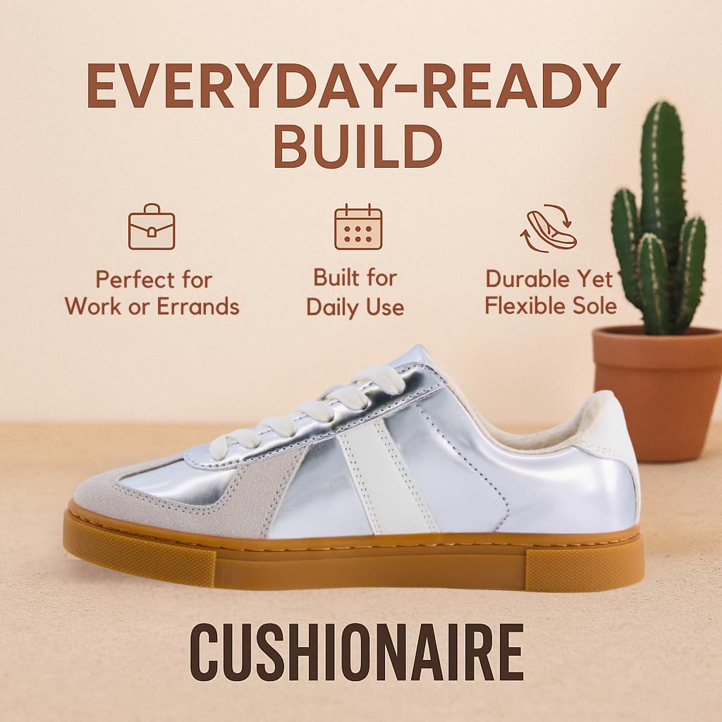 CUSHIONAIRE Bailey Womens Retro Sneaker, Classic Everyday Sneakers for Women with Sleek Rounded Toe and Memory Foam, SILVER 8.5