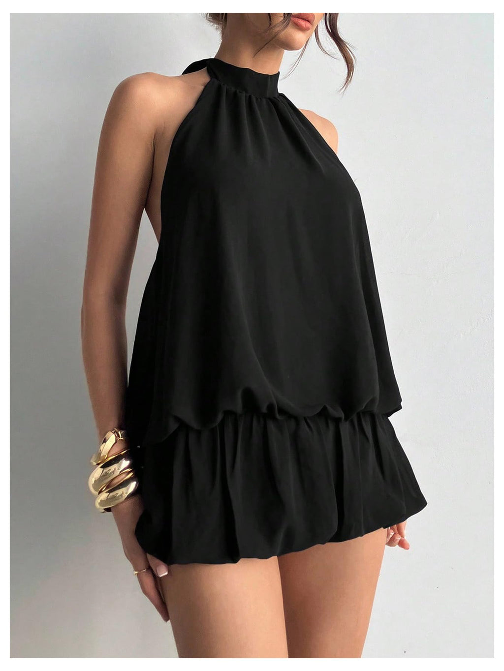Floerns Women's Y2k Summer Halter Dress Tie Open Back Sleeveless Ruffle Hem Bubble Going Out Mini Dresses Black Small