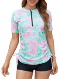 Halcurt Women's Half Zip Short Sleeve Rash Guard Swim Shirt with Tie Drawstring UPF50+ Swimsuit Top Abstract Pink Turquoise L