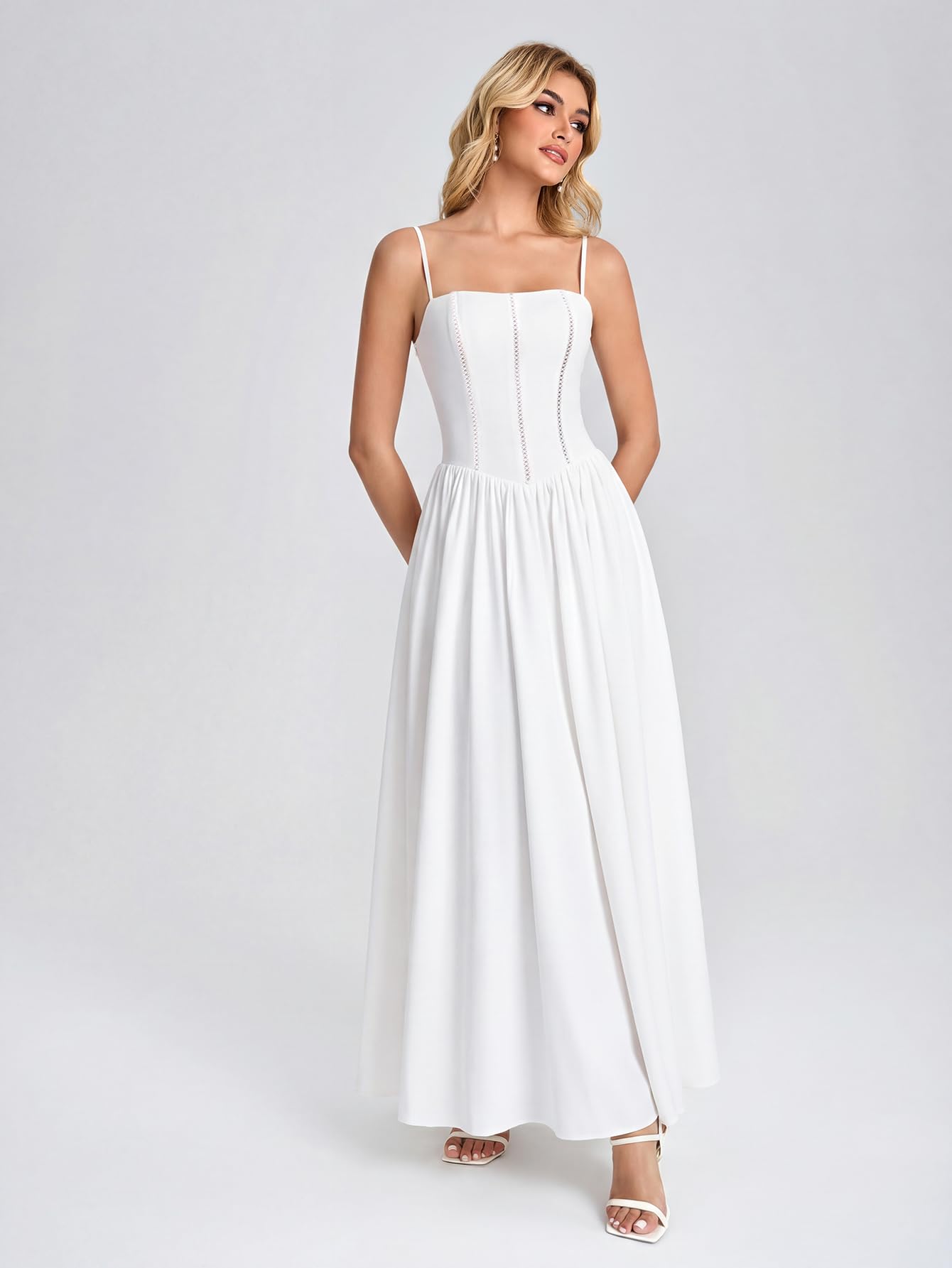 VKIHOC Women Floral Corset Maxi Dress Spaghetti Strap Lace Up Flowy A Line Wedding Guest Long Dress with Pockets White
