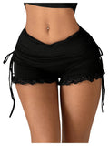 WDIRARA Women's Side Drawstring Ruched Lace Shorts Low Rise Stretchy Going Out Mini Shorts Black Large
