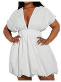 WDIRARA Women's Plus Size Deep V Neck Bubble Dress Short Sleeve A Line Mini Dresses White XX-Large Plus