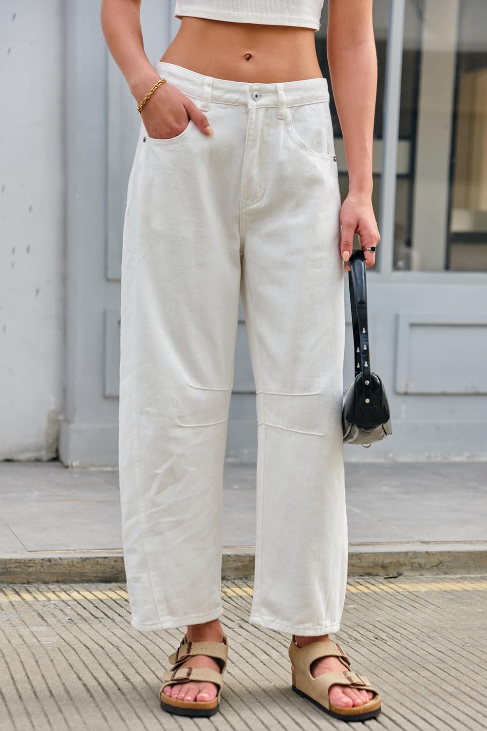 GREAIDEA Mid Rise Barrel Jeans for Women Wide Leg Mid Waist Cropped Denim Pants Y2k Baggy Boyfriend Jeans with Pockets White