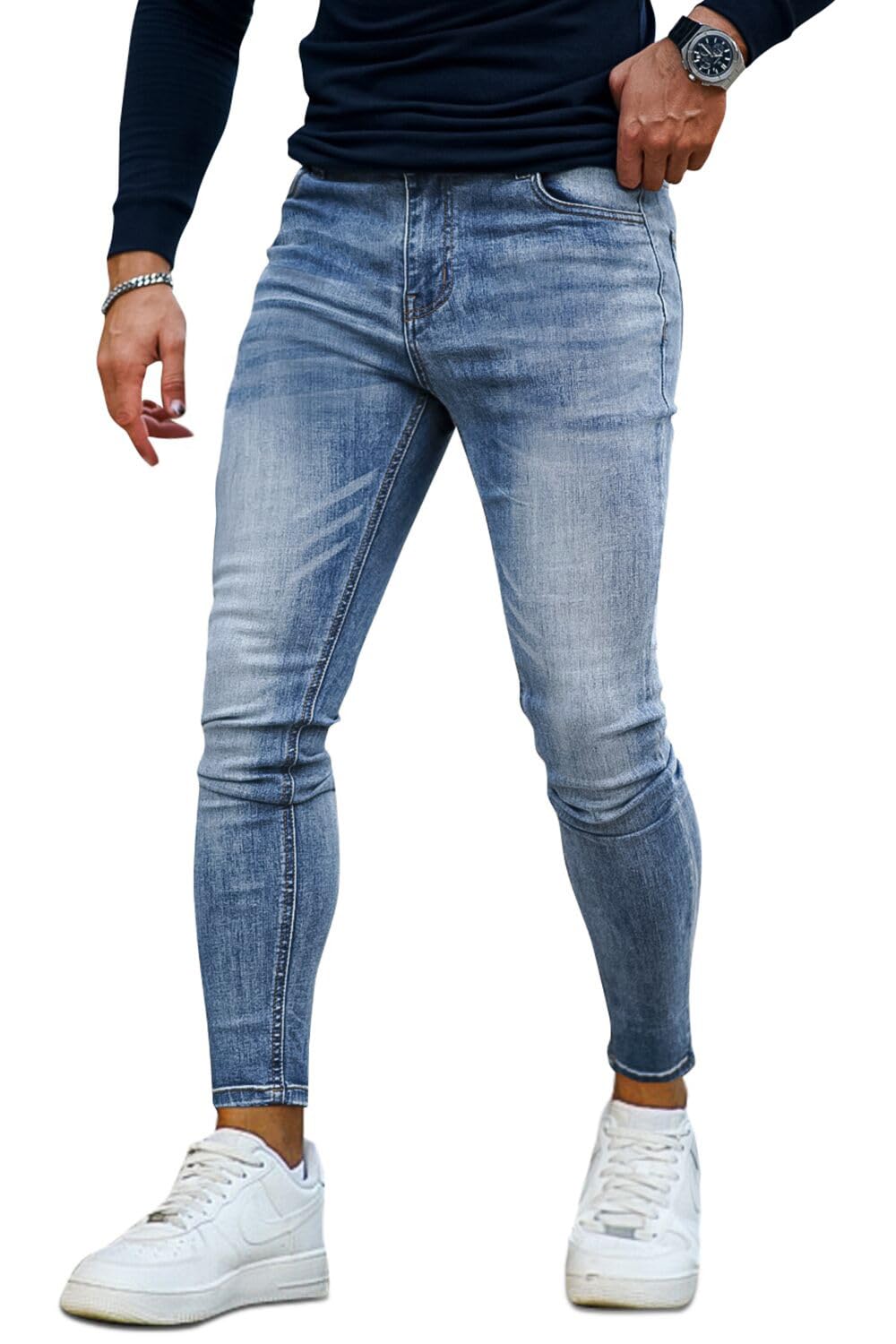 GINGTTO Skinny Jeans Men Slim Fit Stretch Blue Jeans Tapered Leg Elastic Waist 32