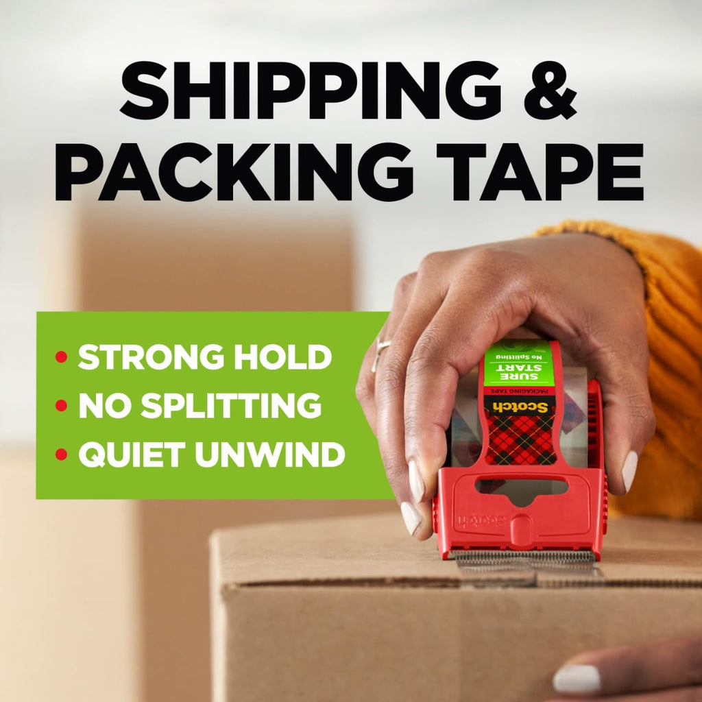 Scotch Sure Start Packing Tape, Clear, Quiet Unwind and Easy Start, 1.88 in. x 22.2 yd., 6 Tape Rolls with Dispensers