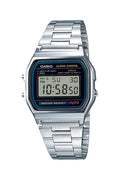 Casio A158WA Series | Unisex Digital Watch | Silver/Black | Vintage | WR | 100 SEC Stop Watch | Daily Alarm | Regular Time Keeping: Hour, Minute, Second, PM, Date, Day | Led Light | 7 Yr Battery