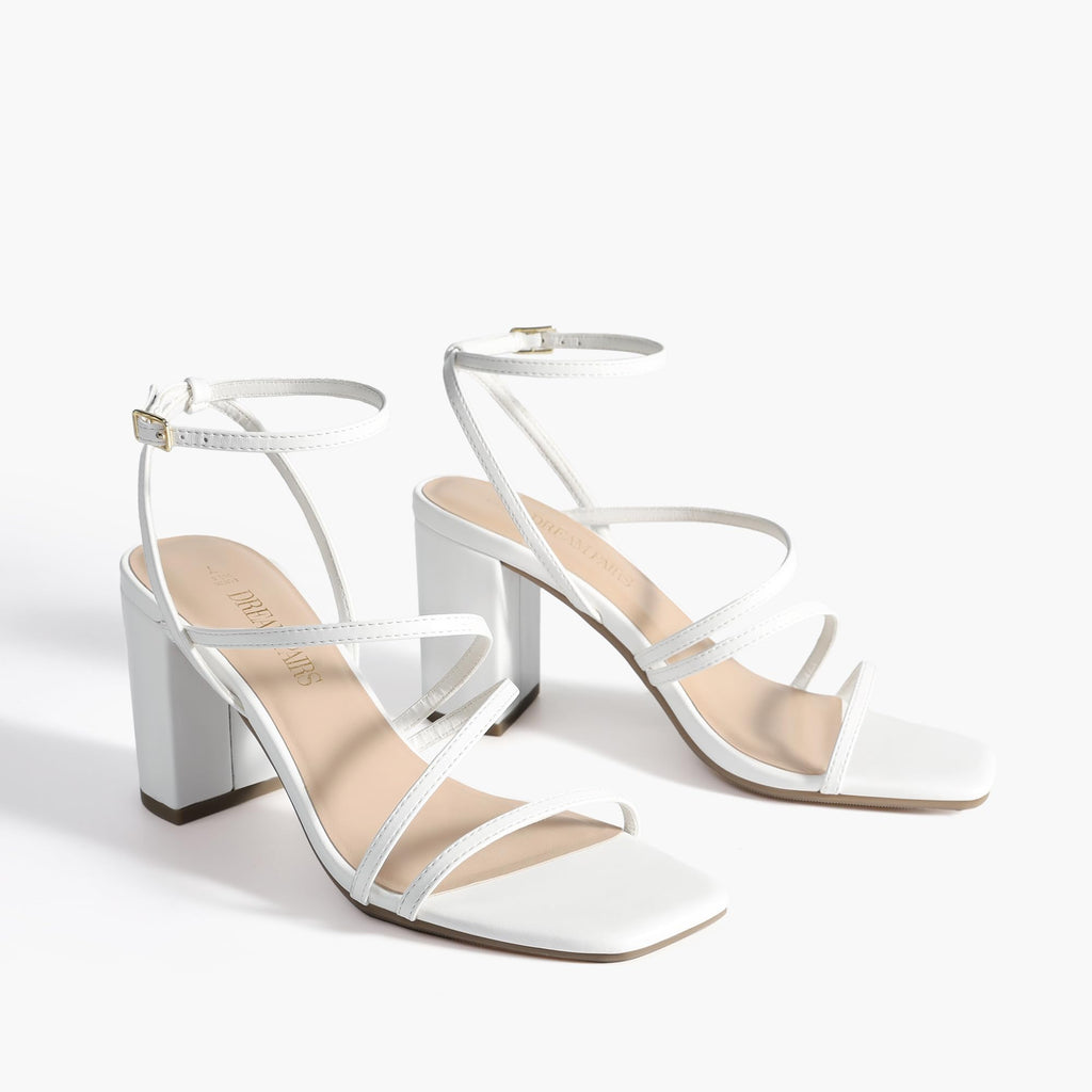 DREAM PAIRS Women's Heels Chunky Block Strappy Square Open Toe Ankle Buckle Heeled Sandals Wedding Party Dress Shoes Indie,Size 9,White,SDHS2428W