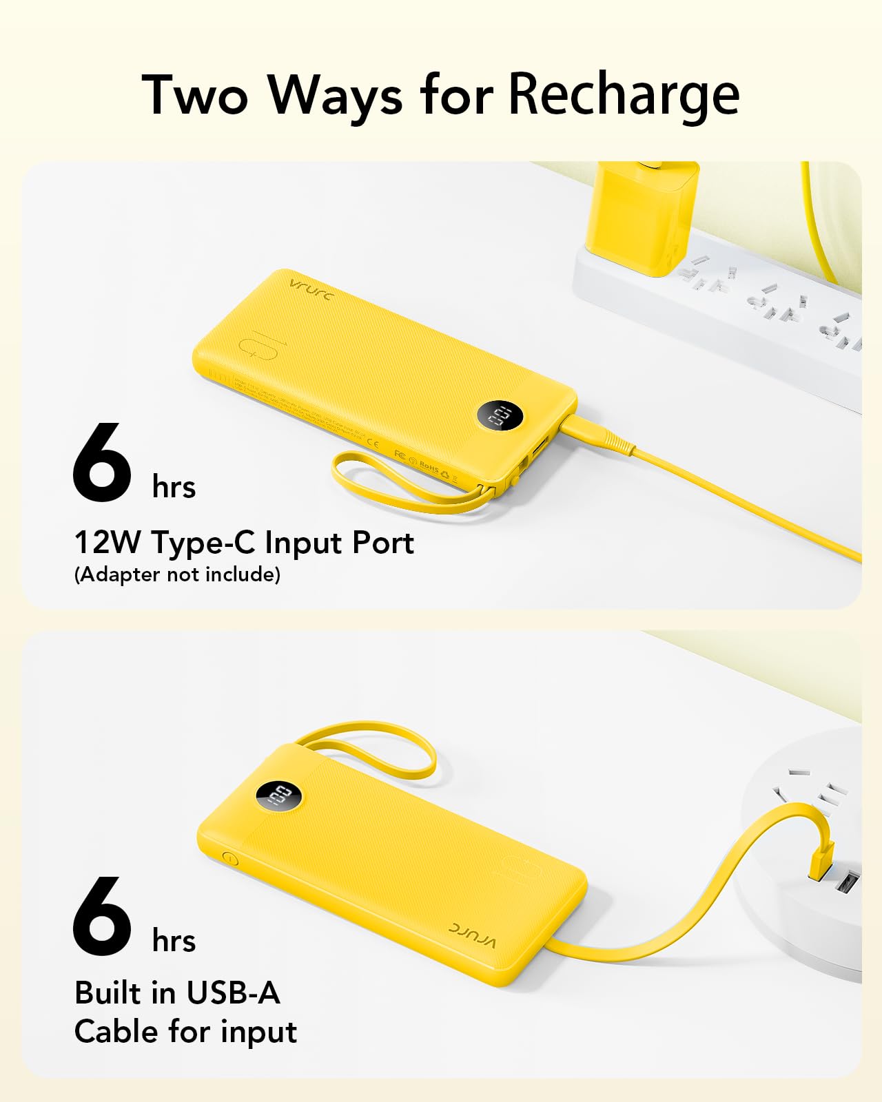 VRURC Portable Charger with Built-in Cables, USB C Portable Phone Charger 10000mAh, Lightweight Power Bank with 5 Output 2 Input Compatible with iPhone 17 16 15 13,Samsung,Android etc-Yellow(1 Pack)