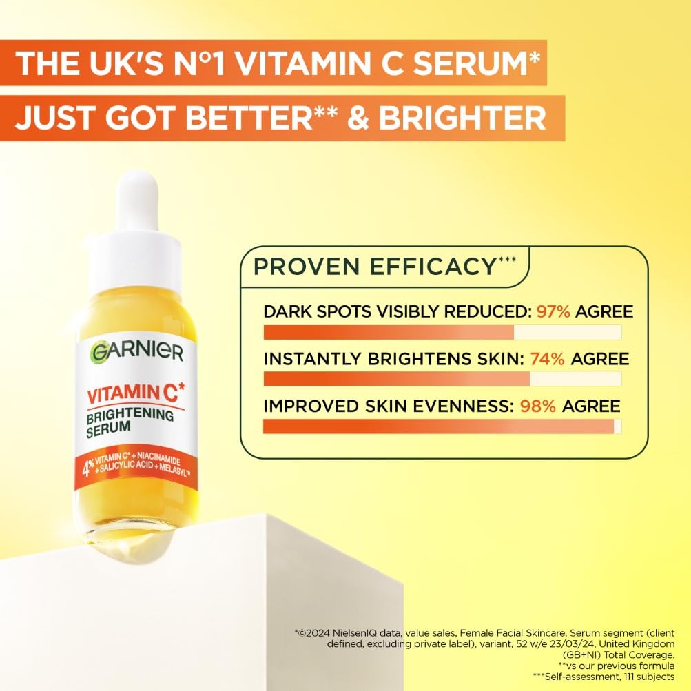 Garnier Vitamin C Brightening Serum for Face, with 4% Vitamin C, Niacinamide & Salicylic Acid, Brightens Skin, Reduces Dark Spots & Evens Skin Tone, Serum 30ml