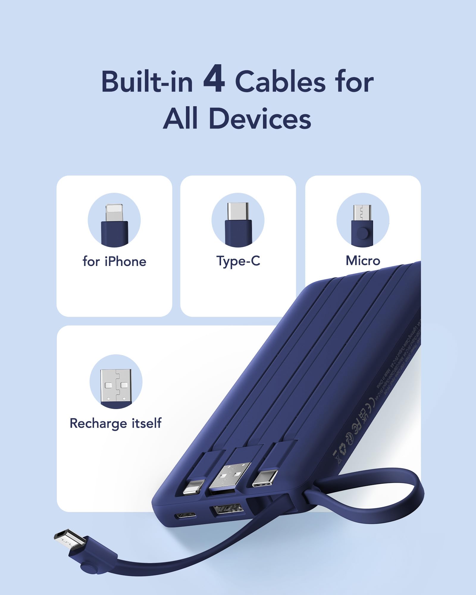 VRURC Portable Charger for iPhone, USB C Power Bank 10000mAh, Slim Travel Battery Pack Built in Cables & Lanyard, 5 Output 2 Input Portable Phone Charger for iPhone 17 16 15 14 13, Samsung-Navy