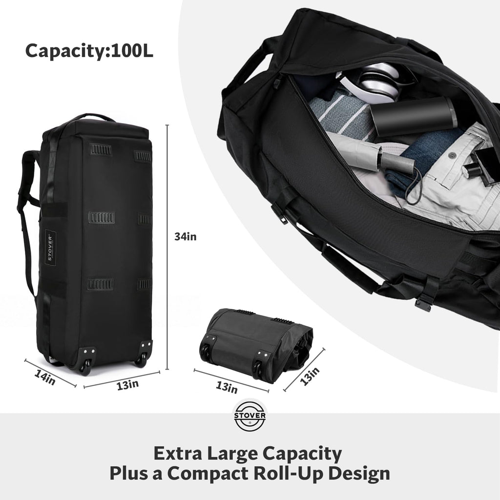 STOVER 45/80/100L Rolling Duffel Bag with Wheels, X-Large Durable Travel Duffle + Toiletry Bag, Heavy Duty, Packable with Shoulder Straps- Use as Luggage or Backpack, Men/Women (Black)