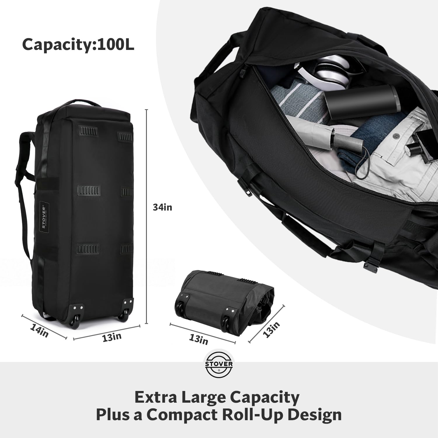 STOVER 45/80/100L Rolling Duffel Bag with Wheels, X-Large Durable Travel Duffle + Toiletry Bag, Heavy Duty, Packable with Shoulder Straps- Use as Luggage or Backpack, Men/Women (Black)