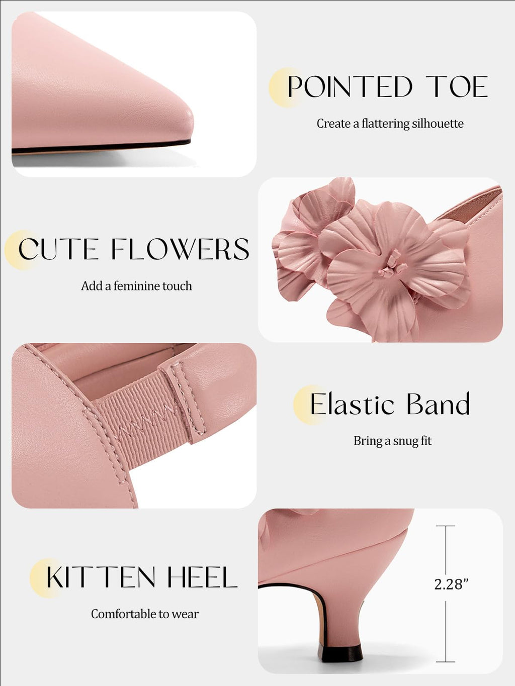 Coutgo Womens Low Kitten Heels Dressy Shoes Comfortable Closed Toe Flower Slip on Formal Party Dance Heeled Pumps, Pink, Size 8.5