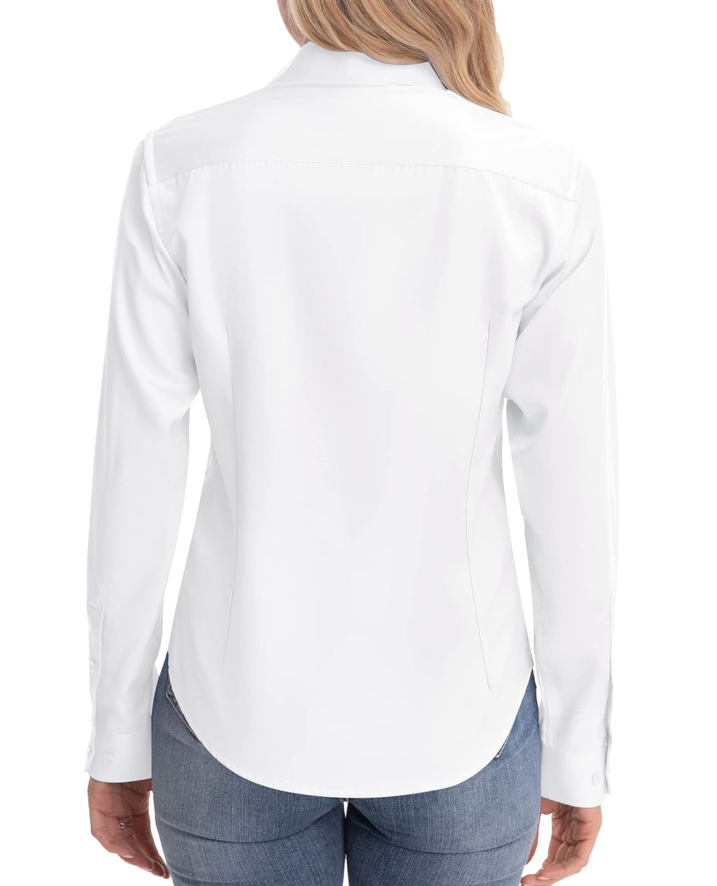 siliteelon Womens Classic-Fit Dress Shirts Long Sleeve Button Down Wrinkle-Free Stretch Solid Casual Work Office Blouse Top White Medium