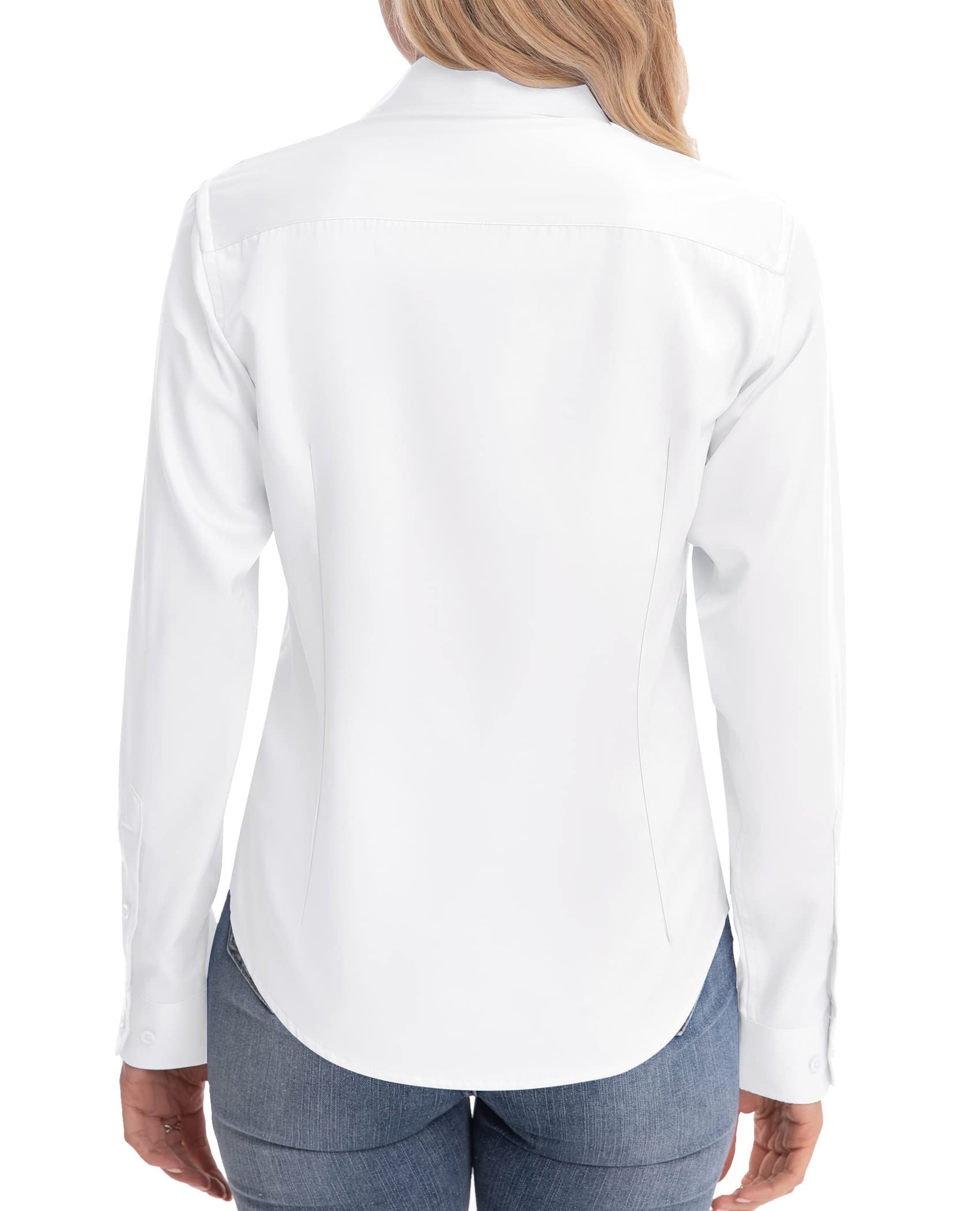 siliteelon Womens Classic-Fit Dress Shirts Long Sleeve Button Down Wrinkle-Free Stretch Solid Casual Work Office Blouse Top White Medium