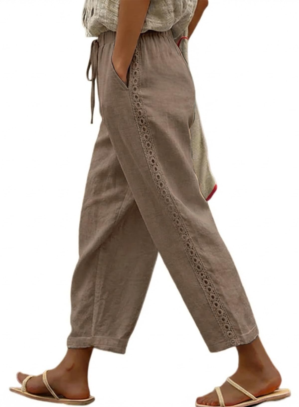 Acelitt Womens Casual Linen Pants Lightweight Drawstring Elastic Waist Summer 2026 Beach Ankle Pants Trousers Khaki Medium