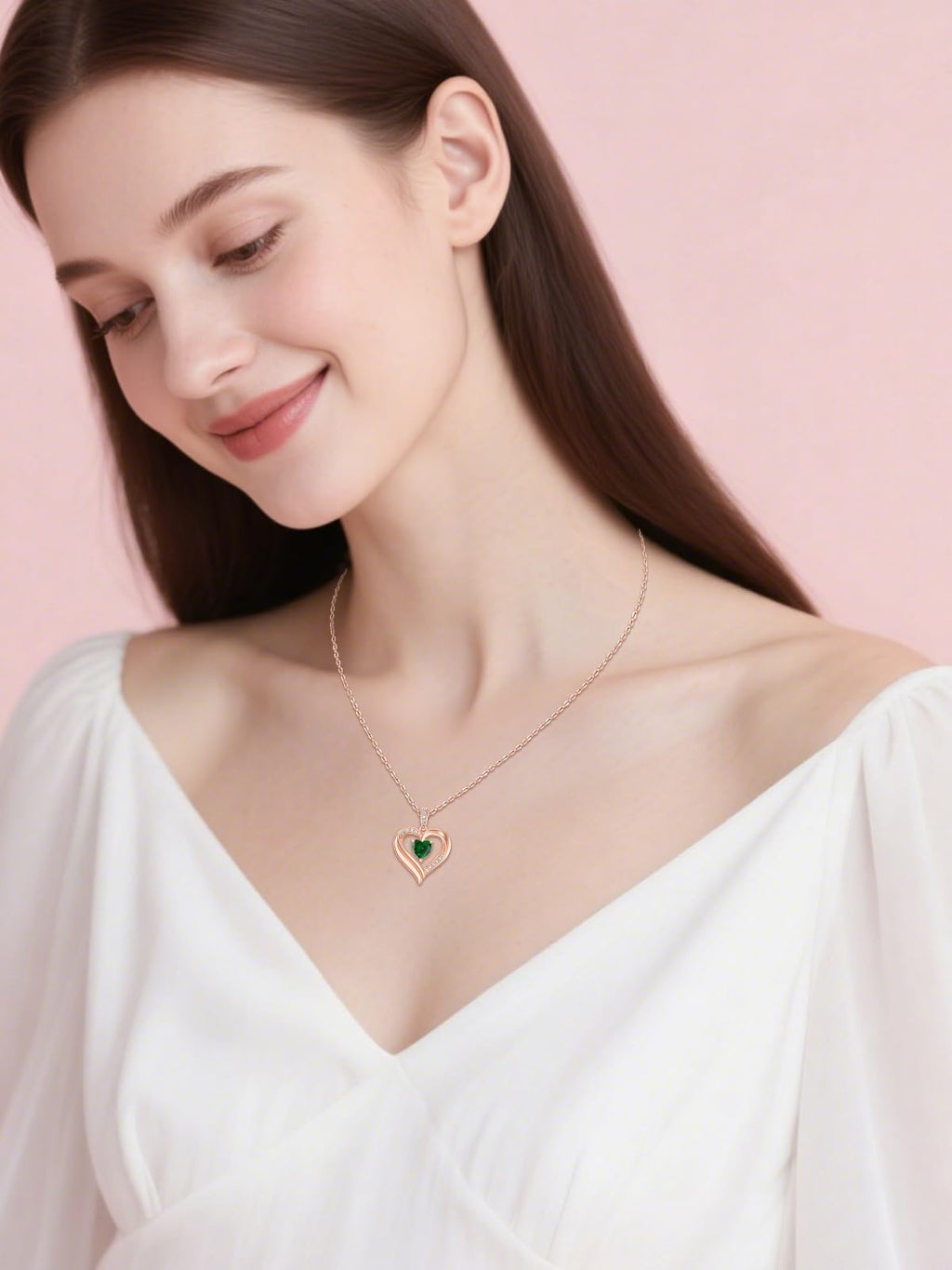 KQ&TTENG Necklace for Women Rose Gold Heart Emerald Pendant May Birthstone Necklace Jewellery Birthday Gifts for Wife Mother Her
