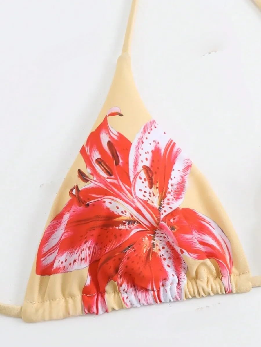 ZAFUL Womens 3pcs Swimsuit Floral Halter Triangle Bikini Top Tie Side Bottom with Long Sheer Cover Up Skirt Beige M