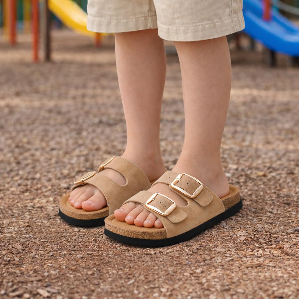 Project Cloud Genuine Leather Kids Sandals - Non Slip and Lightweight Beach Sandals for Girls & Boys with Memory Foam Insole & Cork Footbed Slides for Kids Boys & Girls Footwear(LILSANTO,CML,10T)