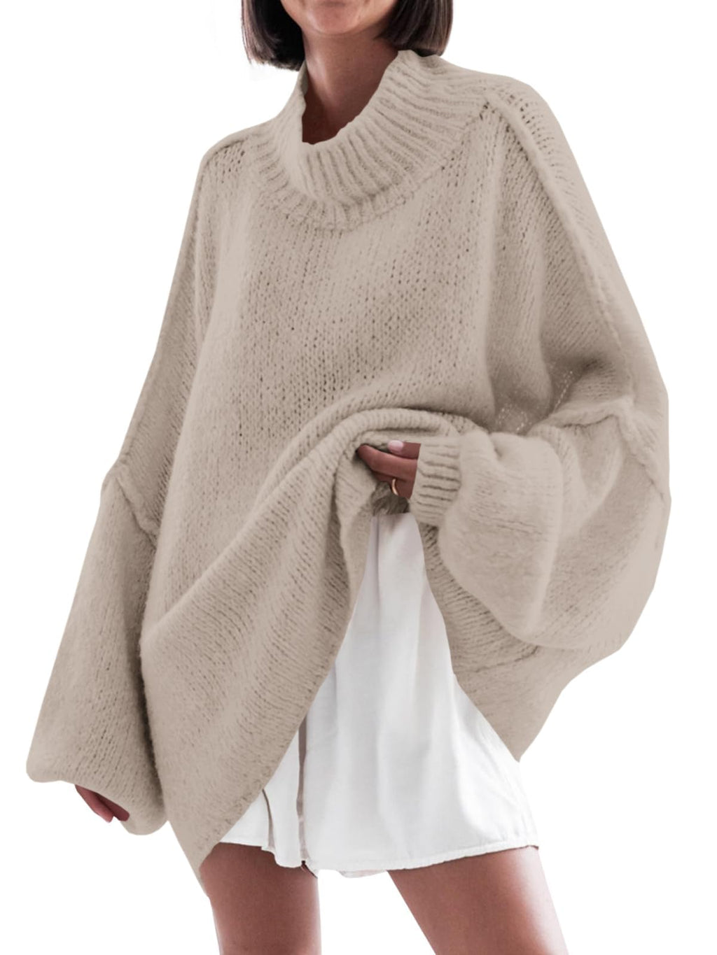 Saodimallsu Womens Oversized Sweaters Mock Neck Batwing Long Sleeve 2025 Fall Trendy Ribbed Knit Casual Tunic Sweater Khaki