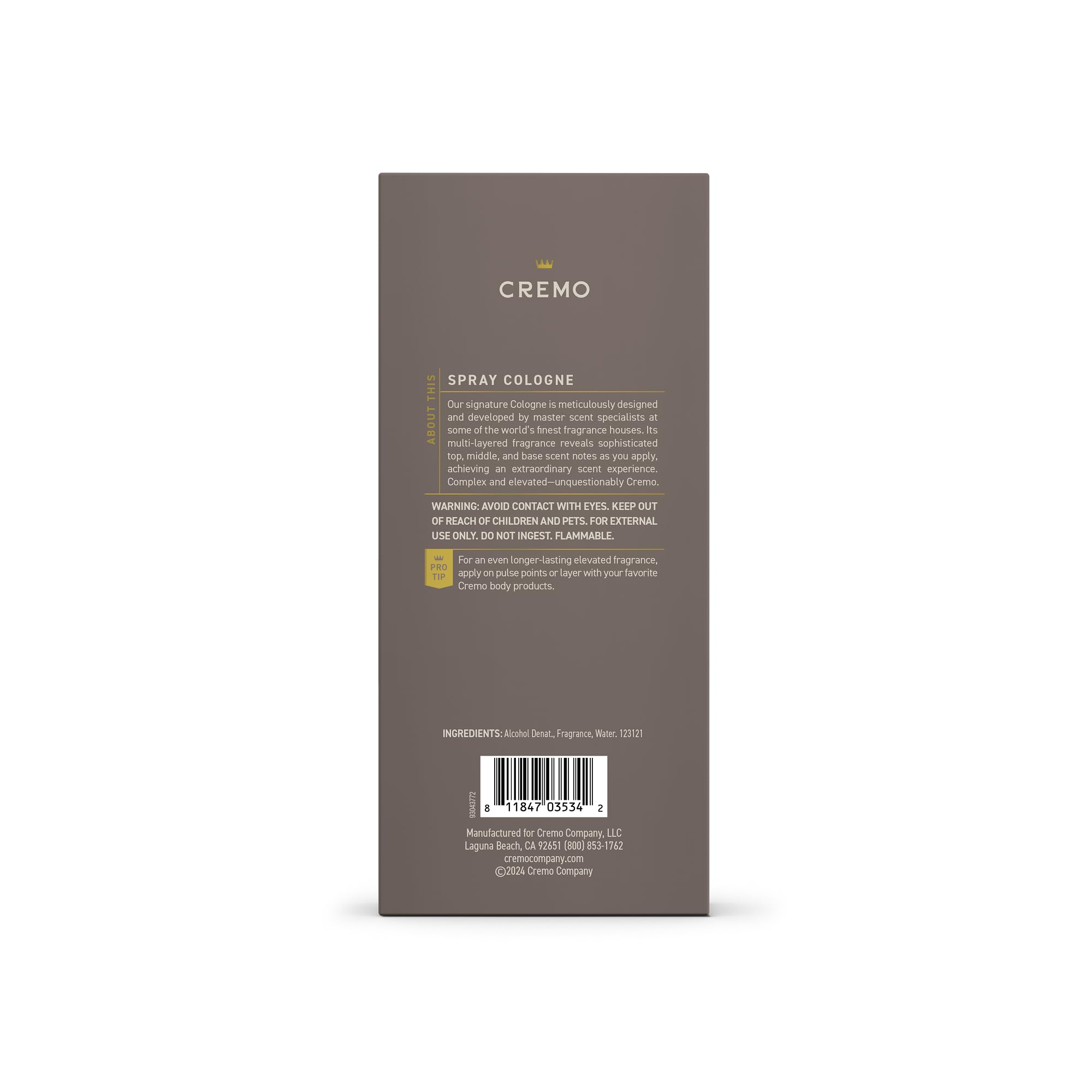 Cremo Cologne For Men - Vintage Suede Mens Cologne Spray, A Combination of White Moss, Rich Amber, and Smooth Suede, Multi-Layered Signature Men's Fragrances, 3.4 Fl Oz