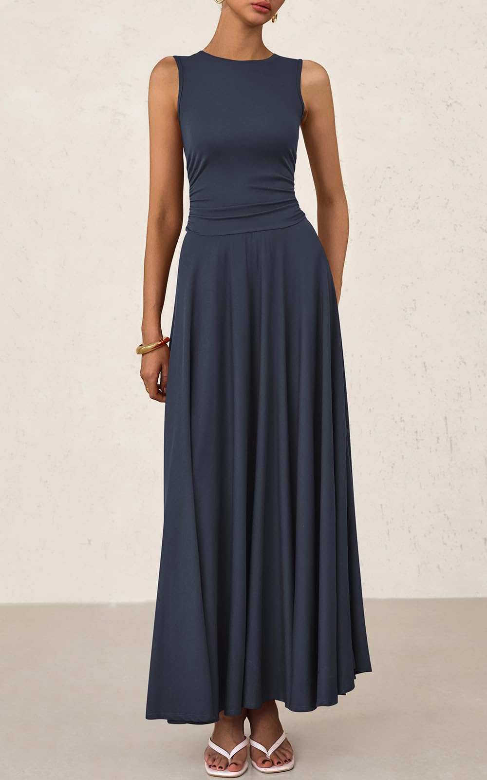 PRETTYGARDEN Womens Spring Dresses 2026 Casual Sleeveless Crewneck Aline Maxi Dress Stretch Tank Flowy Long Dresses (Navy, XX-Large)