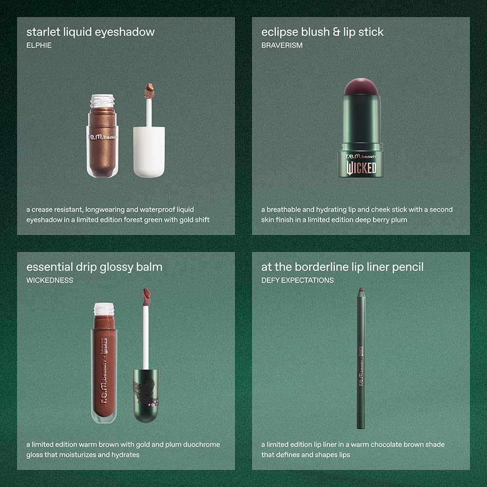 r.e.m. beauty by Ariana Grande Wicked: For Good | Elphaba Makeup Set | Waterpoof Eye Shadow, All Over Glow Stick, Creamy Lip Liner, Glossy Lip Balm | 4 Full Size Products
