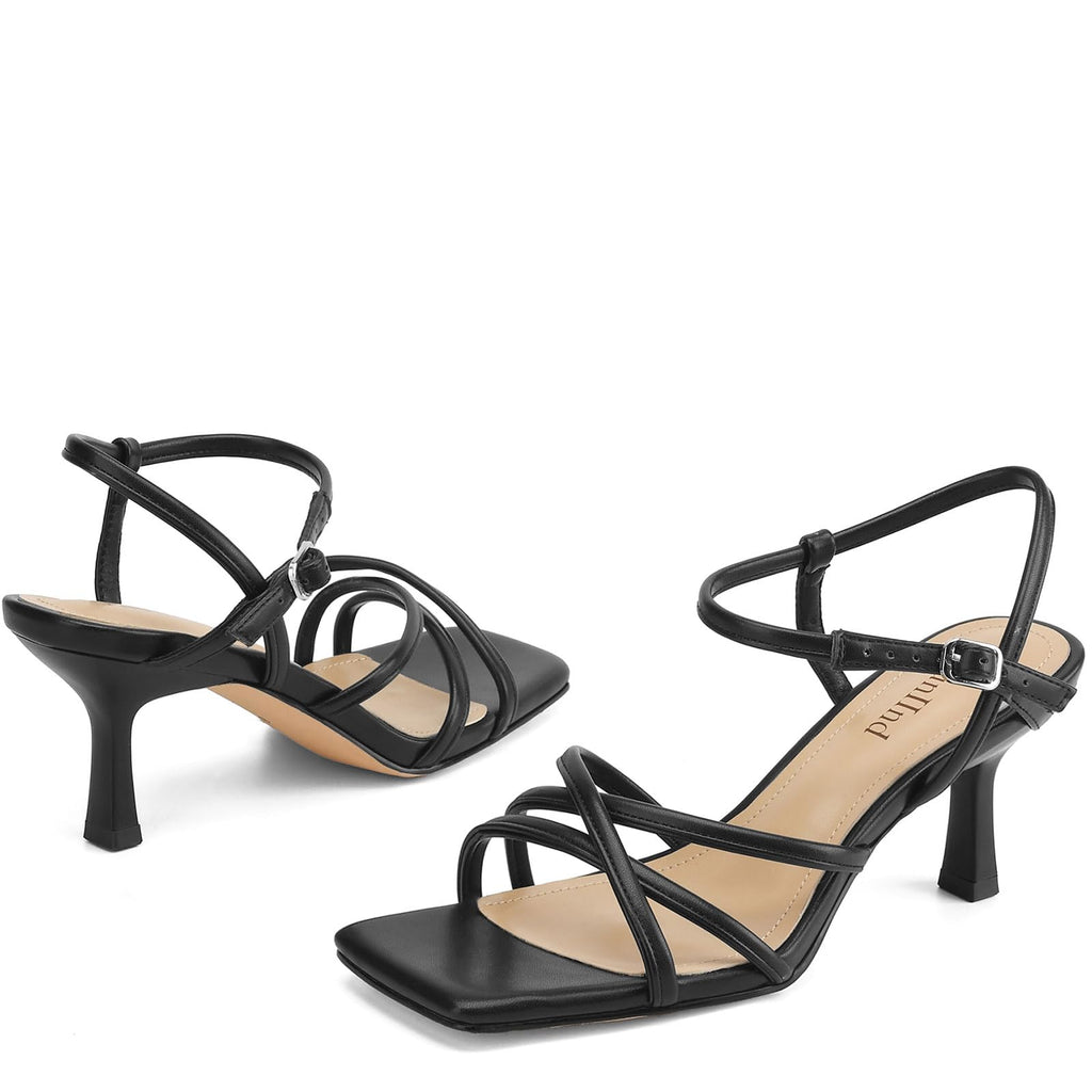 Women's Sandals Square Open Toe Kitten Heels Strappy Ankle Strap Heeled Sandals for Women Comfy Weddings Shoes Black 6