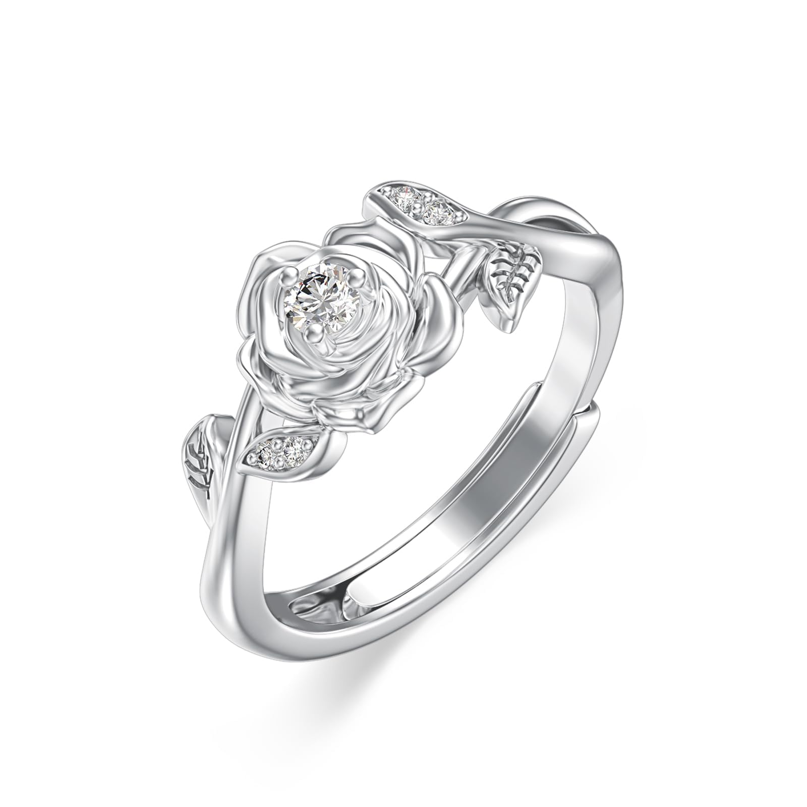 LWXIE Diamond Rose Open Ring for Women 925 Sterling Silver Rose Flower Adjustable Finger Rings Jewelry Birthday Anniversary Christmas Gifts for Mom Wife Lover Girlfriend Her