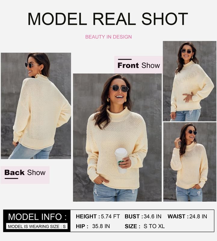 Dokotoo Fall Sweaters for Women 2025 Batwing Long Sleeve Turtleneck Sweaters Solid Autumn Basic Casual Halloween Sweaters Loose Oversized Chunky Knit Pullovers Sweaters Jumper Beige Blouses Medium