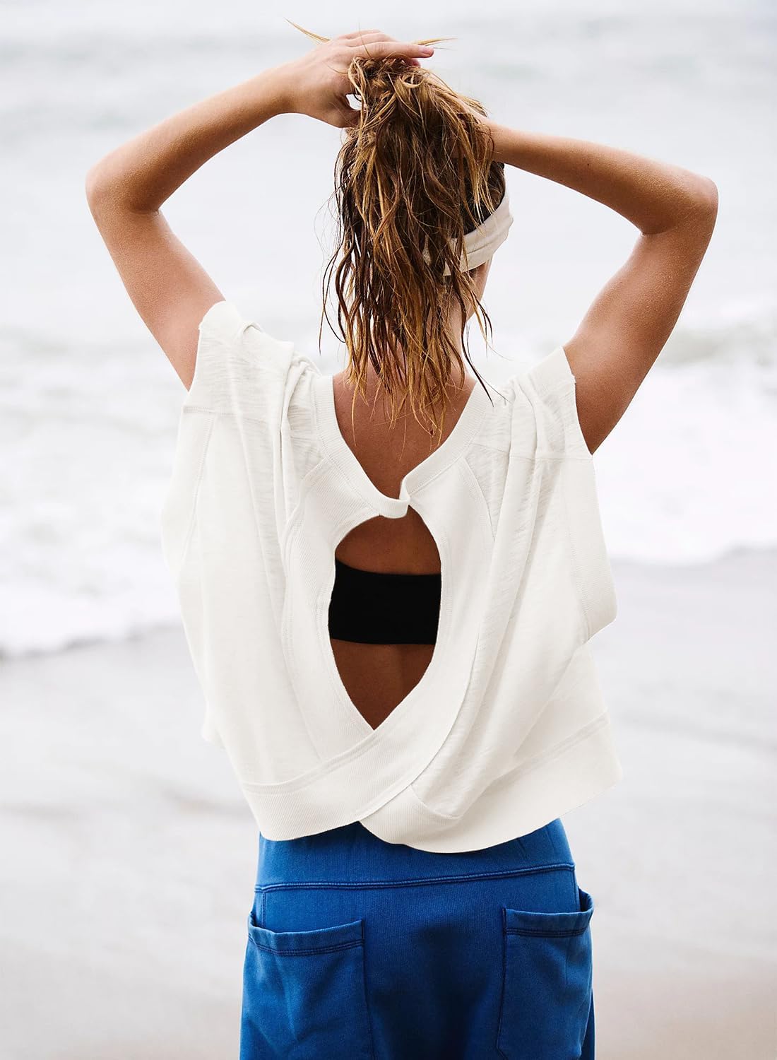 Kumufenc Women Short Sleeve Workout Shirts Open Back Tops Casual Yoga Y2k Athletic Gym Slouchy Crop Running Tees(White,S), Small