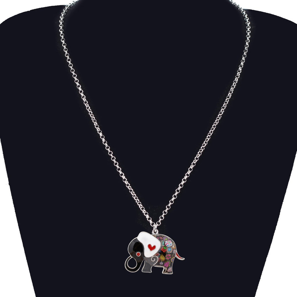 BONSNY Enamel Alloy Floral Heart Lover Elephant Necklace Pendant For Women Lucky Gift (Grey)