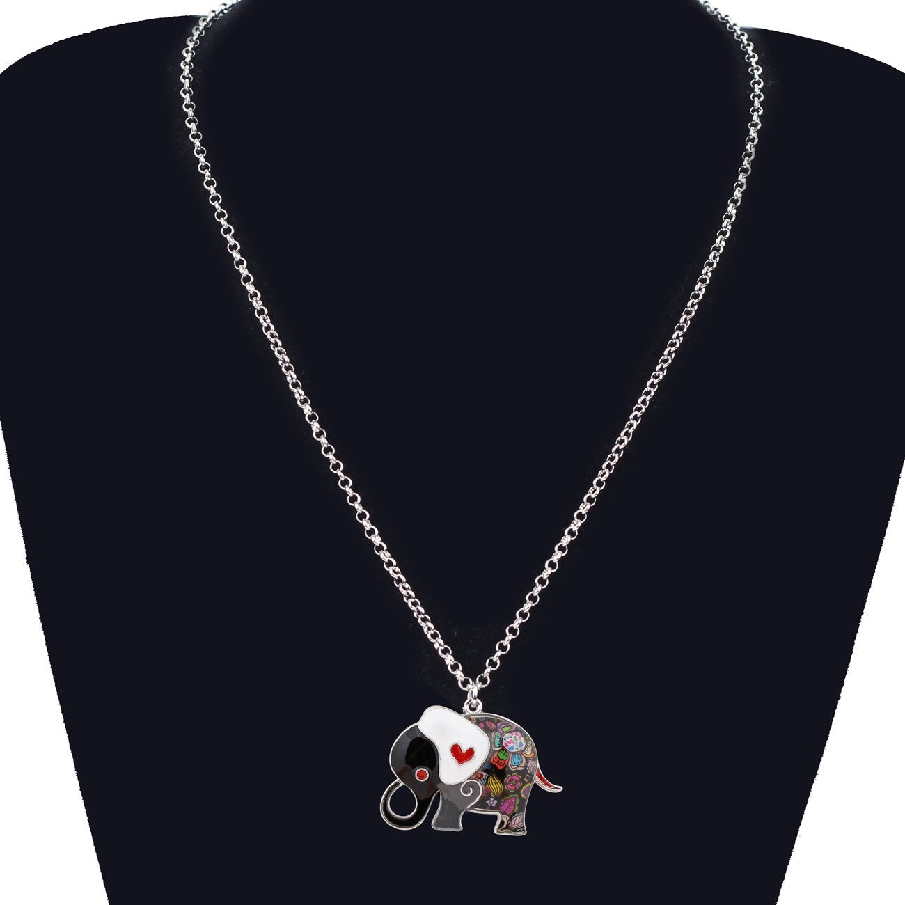 BONSNY Enamel Alloy Floral Heart Lover Elephant Necklace Pendant For Women Lucky Gift (Grey)