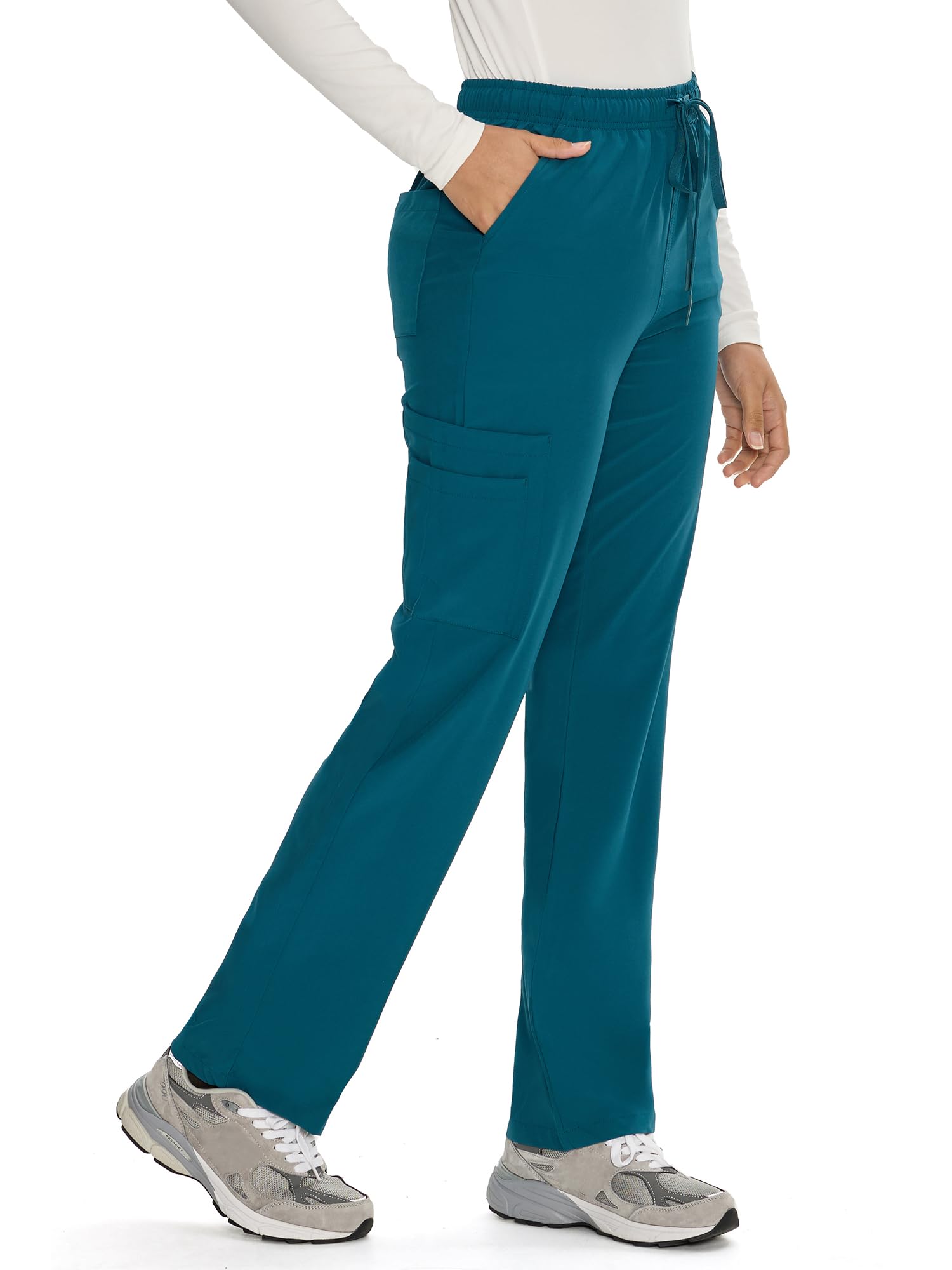 COZYFIT Straight Leg Scrub Pants for Women, Drawstring Soft Stretch, Anti-Wrinkle Women's Scrub Pants with 6 Pockets,Caribbean Blue,XL,Tall